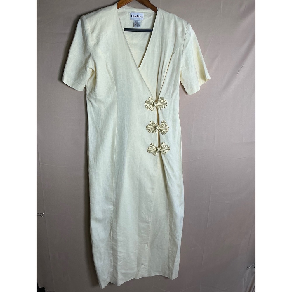 Ultra Dress New York Vintage Linen Blend Frog Closure Wrap Midi Dress Cream Sz 8 - Picture 2 of 10